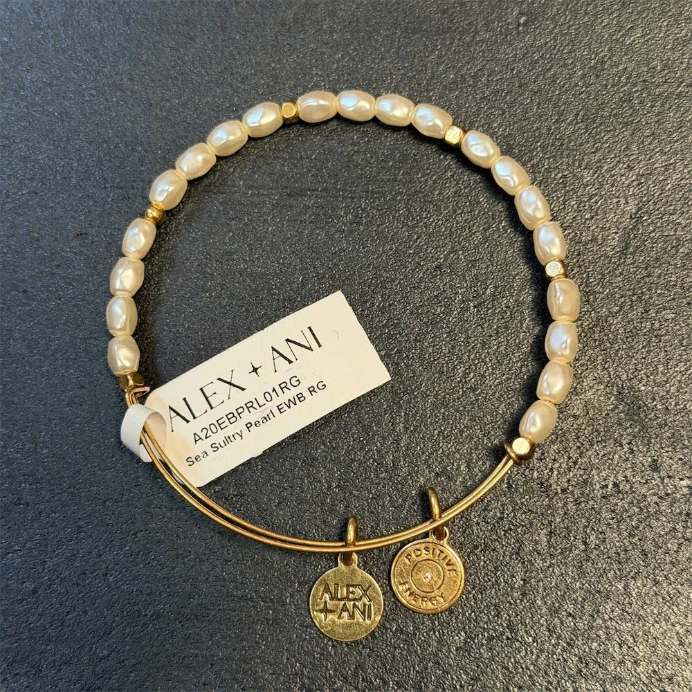Alex and Ani Bracelet Sea Sultry Pearl Beaded Expandable Bangle Gold Tone